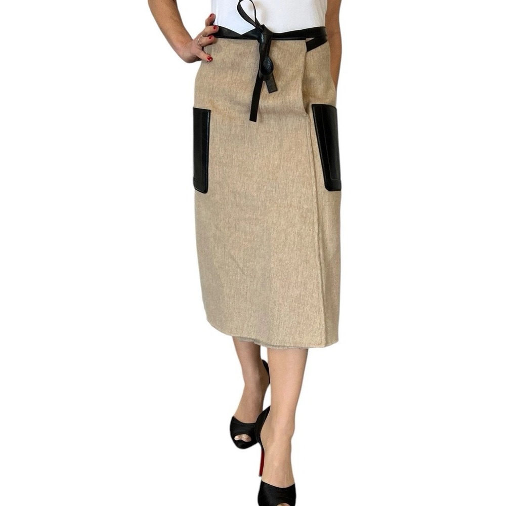 PETER DO Double-face Wool Belted Wrap Midi Skirt Leather Trim Light Camel 38 6 - Picture 4 of 16